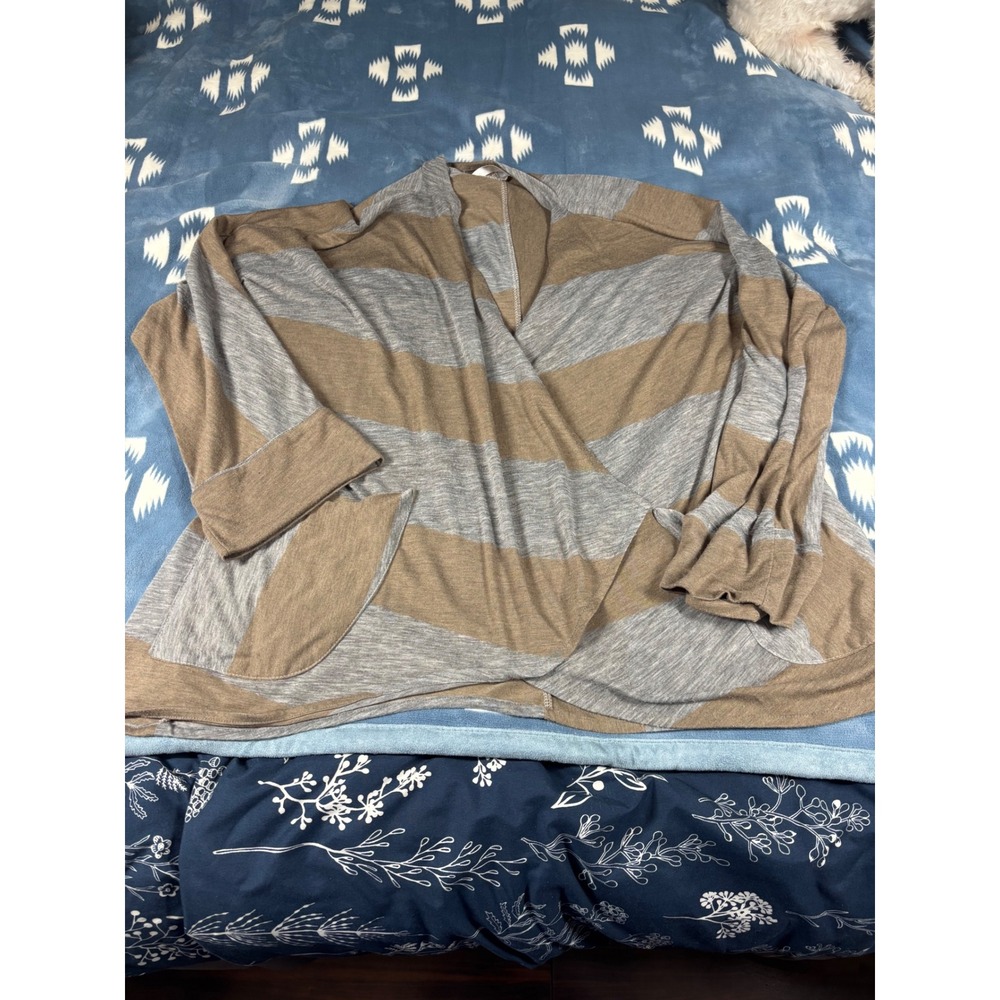 Alembika Grey Brown Striped Draped Wrap Front Cardigan Pockets Lagenlook 6775